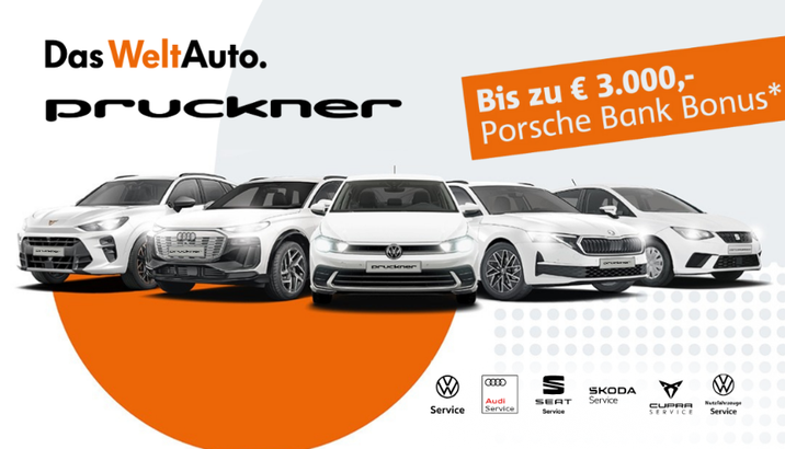 Jetzt Top-Angebote für Jung- und Gebrauchtwagen sichern! - Am Bild: Modellübersicht mit Service-Logos und Porsche Bank Bonus
