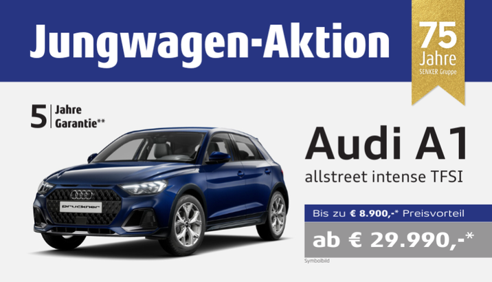 Sichern Sie sich jetzt den Audi A1 im Jungwagenangebot bereits ab sensationelle € 29.990,-*. Am Bild: ein blauer Audi A1 Sportback allstreet mit weißem Hintergrund