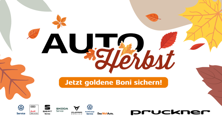 Genießen Sie den goldenen Herbst bei Pruckner - mit neuen Modellen, außergewöhnlichen Aktionen und sensationellen Preisvorteilen - quer durch alle Marken der Volkswagengruppe. Am Bild: AUTOHerbst bei Pruckner auf weißem Hintergrund mit bunten Blättern rundherum.