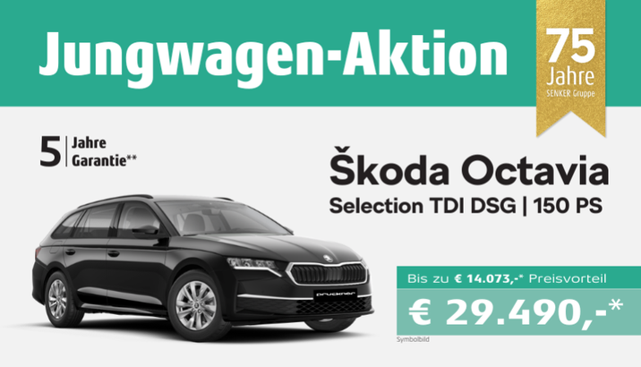 Den Škoda Octavia Combi können Sie sich jetzt bereits ab € 29.490,-* sichern. Am Bild: schwarzer Škoda Octavia Combi mit weißem Hintergrund.