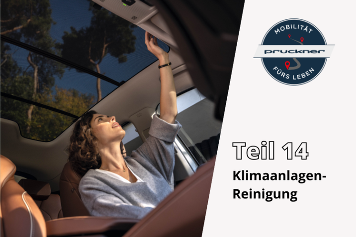 Buchen Sie gleich jetzt Ihren Wunschtermin für eine Klimaanlagenreinigung. Frau, welche im Auto die Klimaanlage aufdreht.