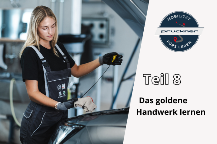 Sichert euch bei uns einen Schnuppertermin und zeigt, was in euch steckt. Lehrling überprüft Ölstand bei Fahrzeug.