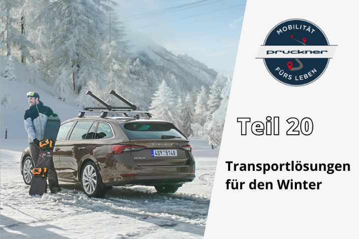 Jetzt die verschiedenen Transportlösungen für den Winter im Autohaus Pruckner entdecken. - Person, welche Skischuhe in die Dachbox des Autos verlädt.